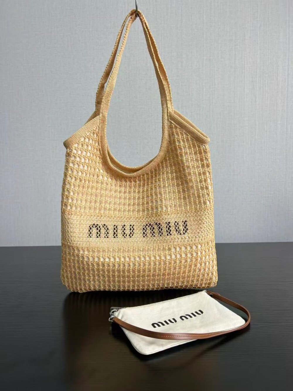 Miu Miu IVY Raffia - Effect and Linen Bag Natural
